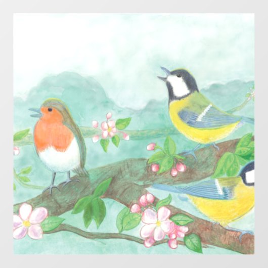 Vögel singen im Frühjahr auf einem blühenden Baumz Fensteraufkleber (Blatt)