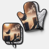 Vogel singt auf einem Fencepost Ofenhandschuh & Topflappen-Set (Vorderseite/Rückseite)