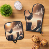 Vogel singt auf einem Fencepost Ofenhandschuh & Topflappen-Set (Oben Unten)