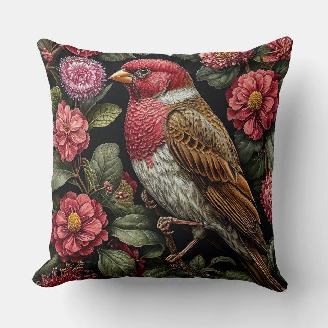 Vogel sitzend auf einem Zweig mit Blume Kissen (Vorderseite)