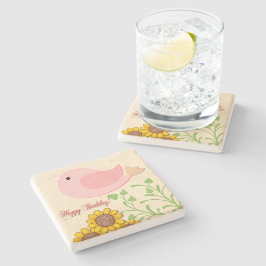 Vögel & Sonnenblumen Geburtstag Steinuntersetzer (Seitenansicht)