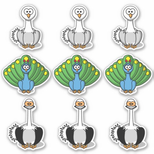 Vogel Swan, Peacock, StraußenCartoon Aufkleber (Vorderseite)