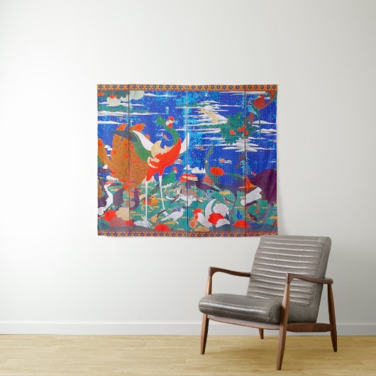 Vögel, Tiere und blühende Pflanze (Verlassen) Jaku Wandteppich (Beispiel (Horizontal))