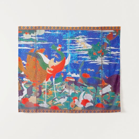 Vögel, Tiere und blühende Pflanze (Verlassen) Jaku Wandteppich (Vorderseite (Horizontal))