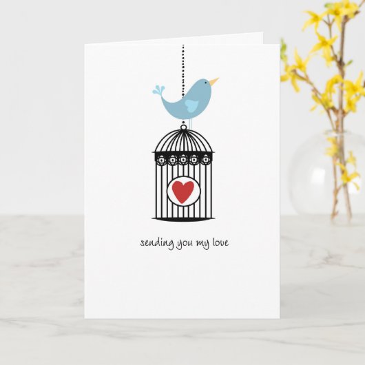 Vogel u. Birdcage mit Herzen Karte (Gelbe Blume)