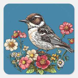 Vogel, umrahmt von lebendigen Blumen Quadratischer Aufkleber