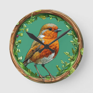 Vogel, umrahmt von lebendigen Blumen Runde Wanduhr