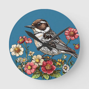 Vogel, umrahmt von lebendigen Blumen Runde Wanduhr