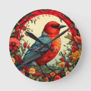 Vogel, umrahmt von lebendigen Blumen Runde Wanduhr