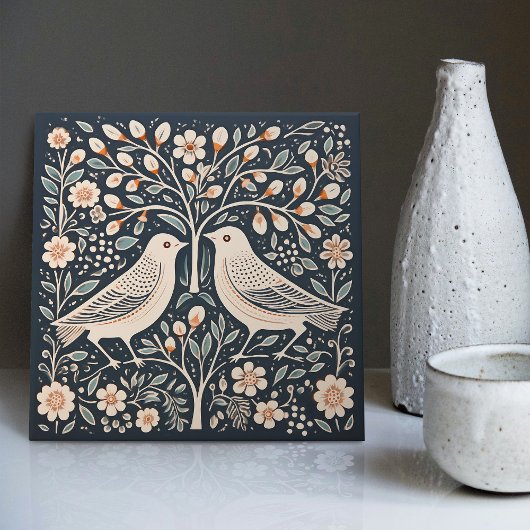Vögel und Baum des Lebens Blauer Orange Jugendstil Fliese