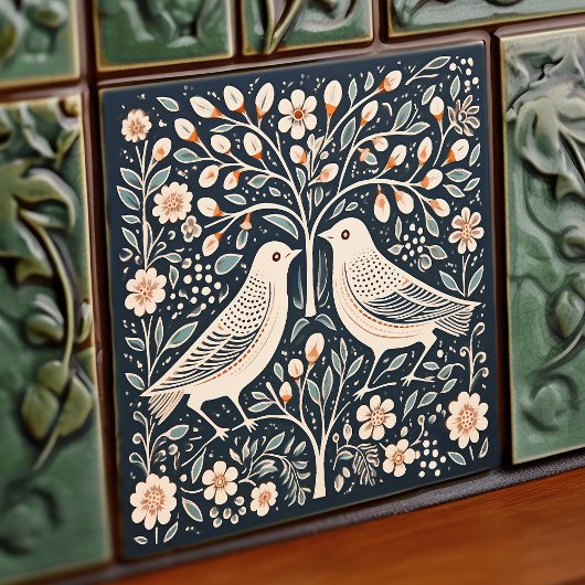 Vögel und Baum des Lebens Blauer Orange Jugendstil Fliese