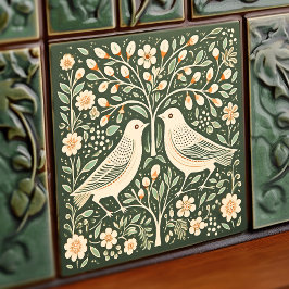 Vögel und Baum des Lebens Grüne Jugendstil Fliese