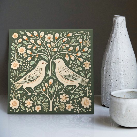 Vögel und Baum des Lebens Grüne Jugendstil Fliese
