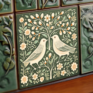 Vögel und Baum des Lebens Grüner Jugendstil Fliese