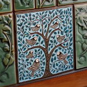 Vögel und Baum des Lebens Mute blauer Jugendstil Fliese