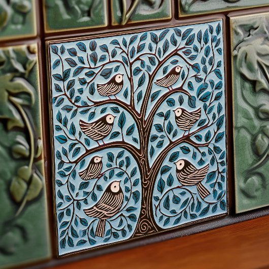 Vögel und Baum des Lebens Mute blauer Jugendstil Fliese