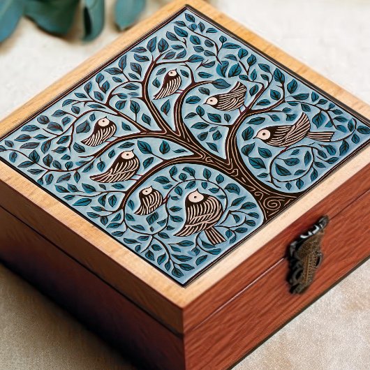 Vögel und Baum des Lebens Mute blauer Jugendstil Fliese