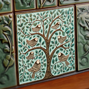Vögel und Baum des Lebens Sage Grün Art Nouveau Fliese