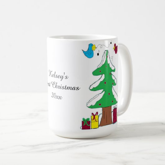 Vögel und Bäume Baby's erste Weihnachten Kaffeetasse (VorderseiteRechts)