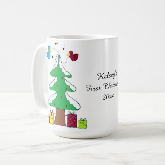 Vögel und Bäume Baby's erste Weihnachten Kaffeetasse (Vorderseite Links)