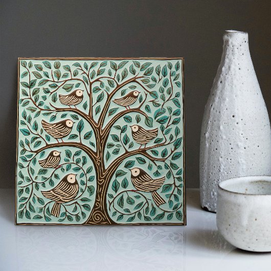 Vögel und Bäume des Lebens - Grüne Jugendstil Fliese