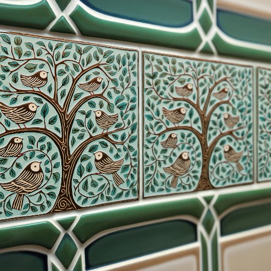 Vögel und Bäume des Lebens - Grüne Jugendstil Fliese
