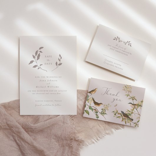 Vögel und Blätter - Romantischer Ekru Save the Dat Einladung