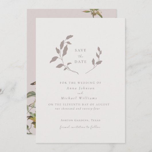 Vögel und Blätter, rosa | beige Save the Date Einladung (Vorne/Hinten)
