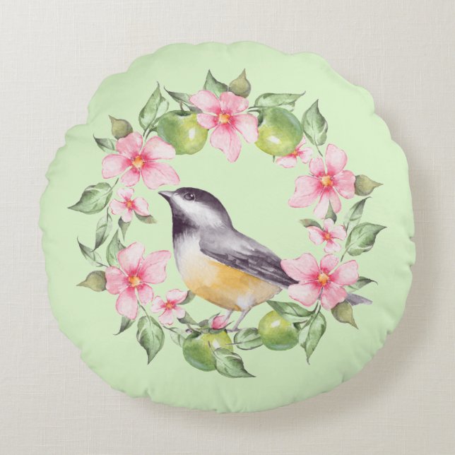 Vögel und Blume 2 Rundes Kissen (Vorderseite)