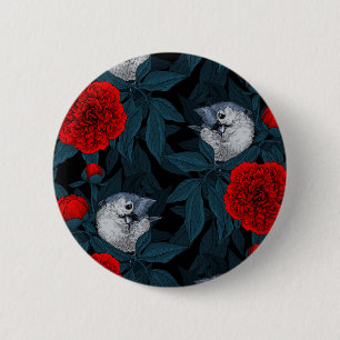 Vögel und Blume aus Roter Pest mit blauen Blätter Button