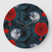 Vögel und Blume aus Roter Pest mit blauen Blätter Große Wanduhr (Vorderseite)