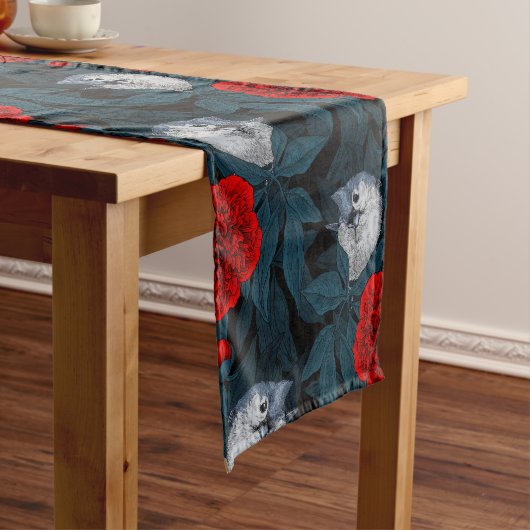 Vögel und Blume aus Roter Pest mit blauen Blätter Kurzer Tischläufer (Beispiel)