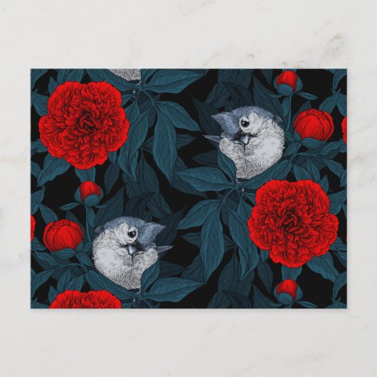 Vögel und Blume aus Roter Pest mit blauen Blätter Postkarte (Vorderseite)