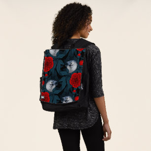 Vögel und Blume aus Roter Pest mit blauen Blätter Rucksack