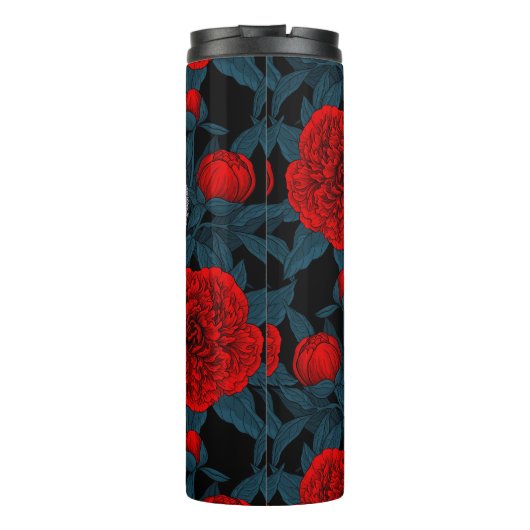 Vögel und Blume aus Roter Pest mit blauen Blätter Thermosbecher (Rückseite)