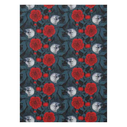 Vögel und Blume aus Roter Pest mit blauen Blätter Tischdecke (Vorderseite)