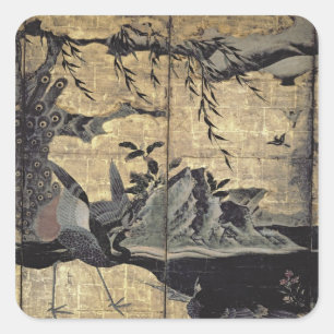 Vögel und Blume der vier Jahreszeiten Quadratischer Aufkleber