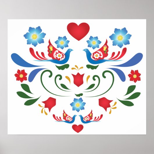 Vögel und Blume Folk Art Design Poster (Vorne)