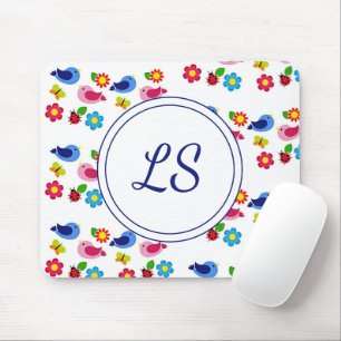Vögel und Blume Frühjahrsmuster weiß Mousepad