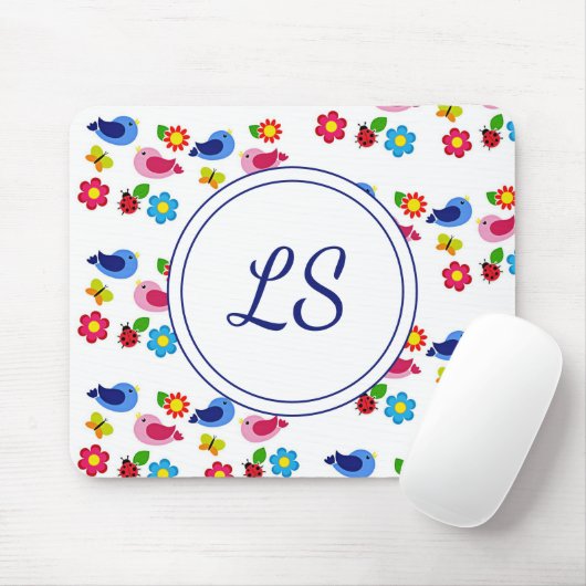 Vögel und Blume Frühjahrsmuster weiß Mousepad (Mit Mouse)