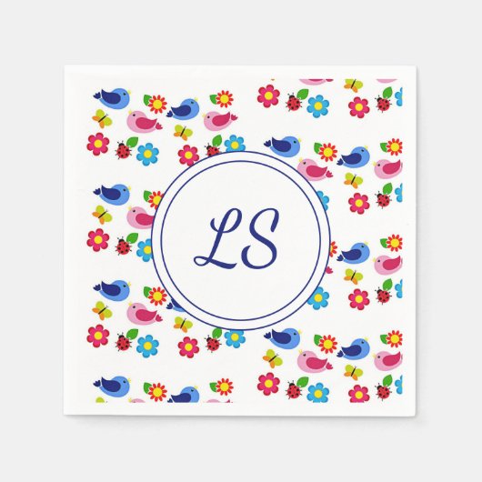 Vögel und Blume Frühjahrsmuster weiß Serviette (Vorderseite)