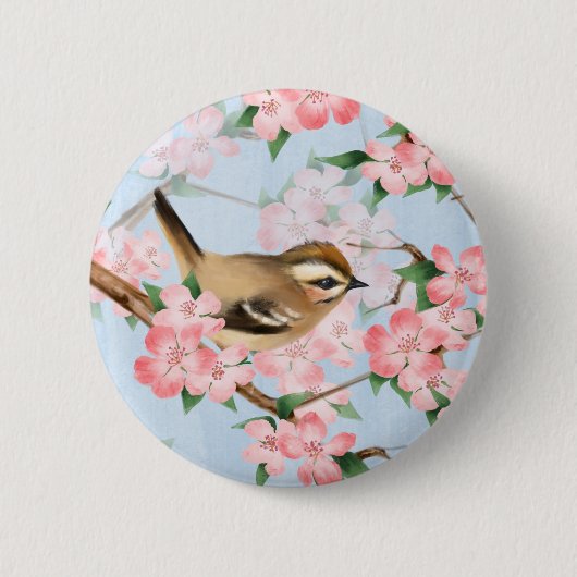 Vögel und Blume. Frühlingsgartenmuster Button (Vorderseite)