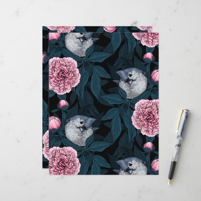 Vögel und Blume mit rosa Birnen und Blätter (Vorderseite/Rückseite Beispiel)