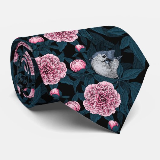 Vögel und Blume mit rosa Birnen und Blätter Krawatte (Gerollt)