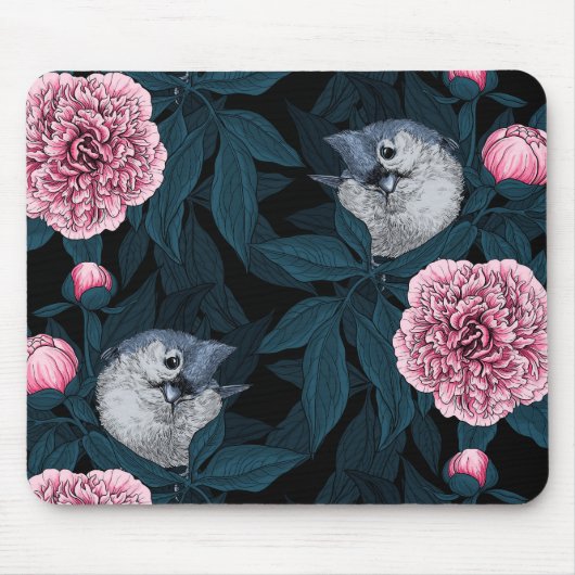 Vögel und Blume mit rosa Birnen und Blätter Mousepad (Vorne)