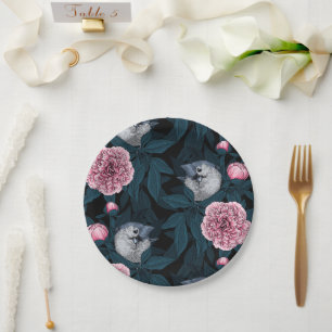 Vögel und Blume mit rosa Birnen und Blätter Pappteller