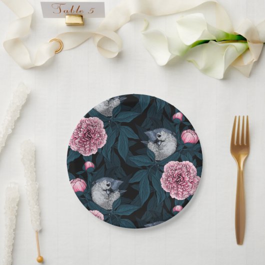 Vögel und Blume mit rosa Birnen und Blätter Pappteller (Hochzeit)