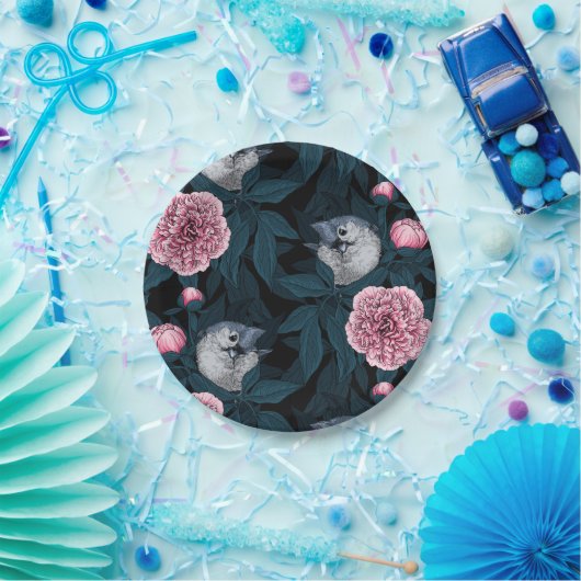 Vögel und Blume mit rosa Birnen und Blätter Pappteller (Party)