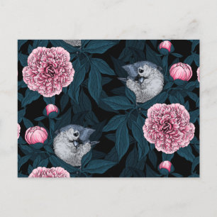 Vögel und Blume mit rosa Birnen und Blätter Postkarte