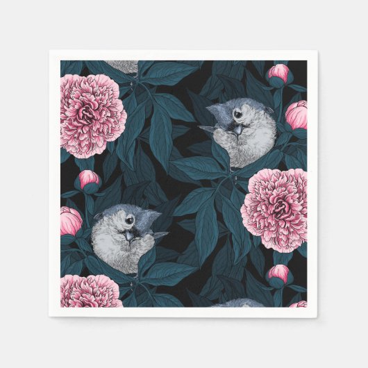 Vögel und Blume mit rosa Birnen und Blätter Serviette (Vorderseite)